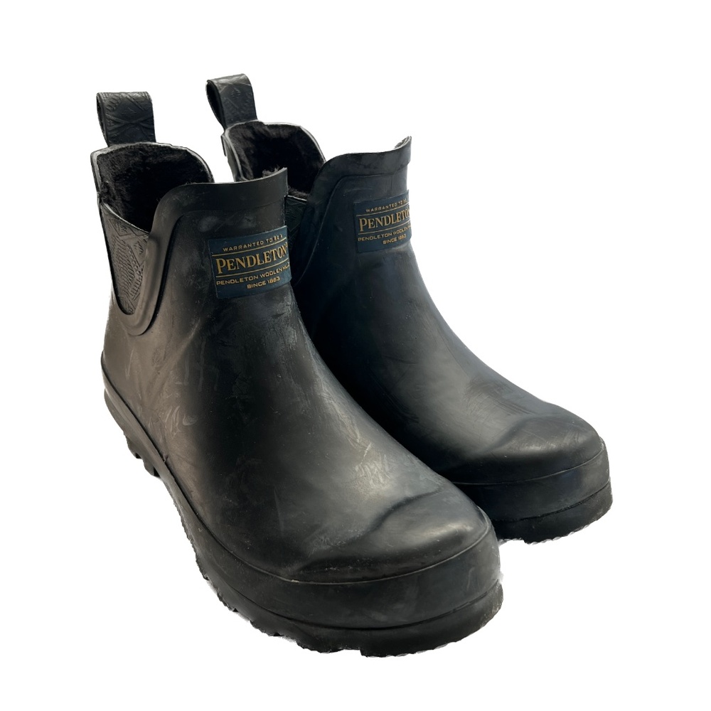 PENDLETON Chelsea Rubber Rain Snow Boots Size 8 Slip On Black Wool Lined Ankle